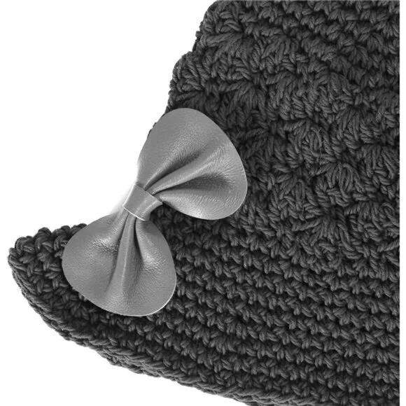 Women Winter Crochet Bucket Hat Bow Gray